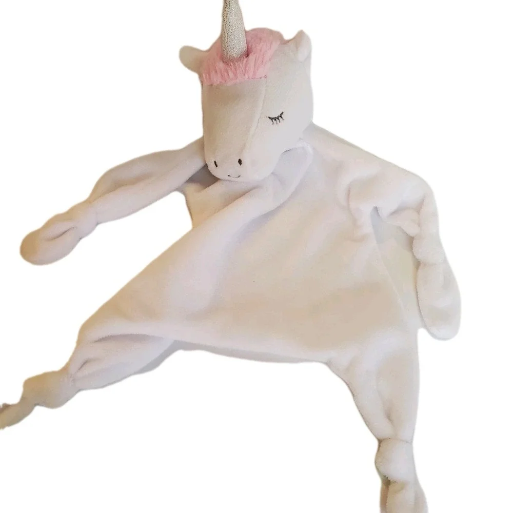 White Unicorn Lovey Security‎ Blanket Knotted Ends